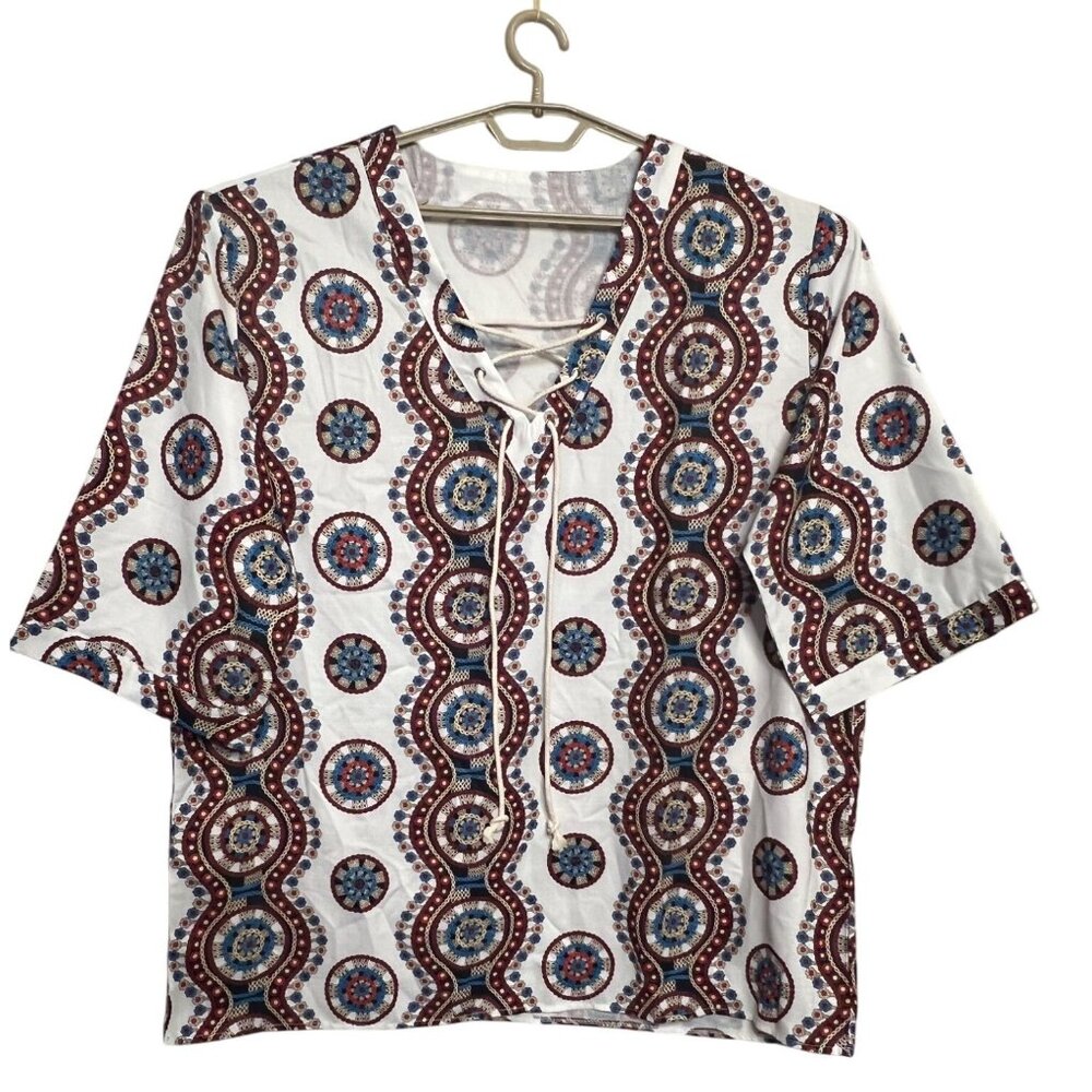 Bohemian 2XLTop Vibrant Medallion Lace-Up Front 1/2 Sleeves Light Breathable